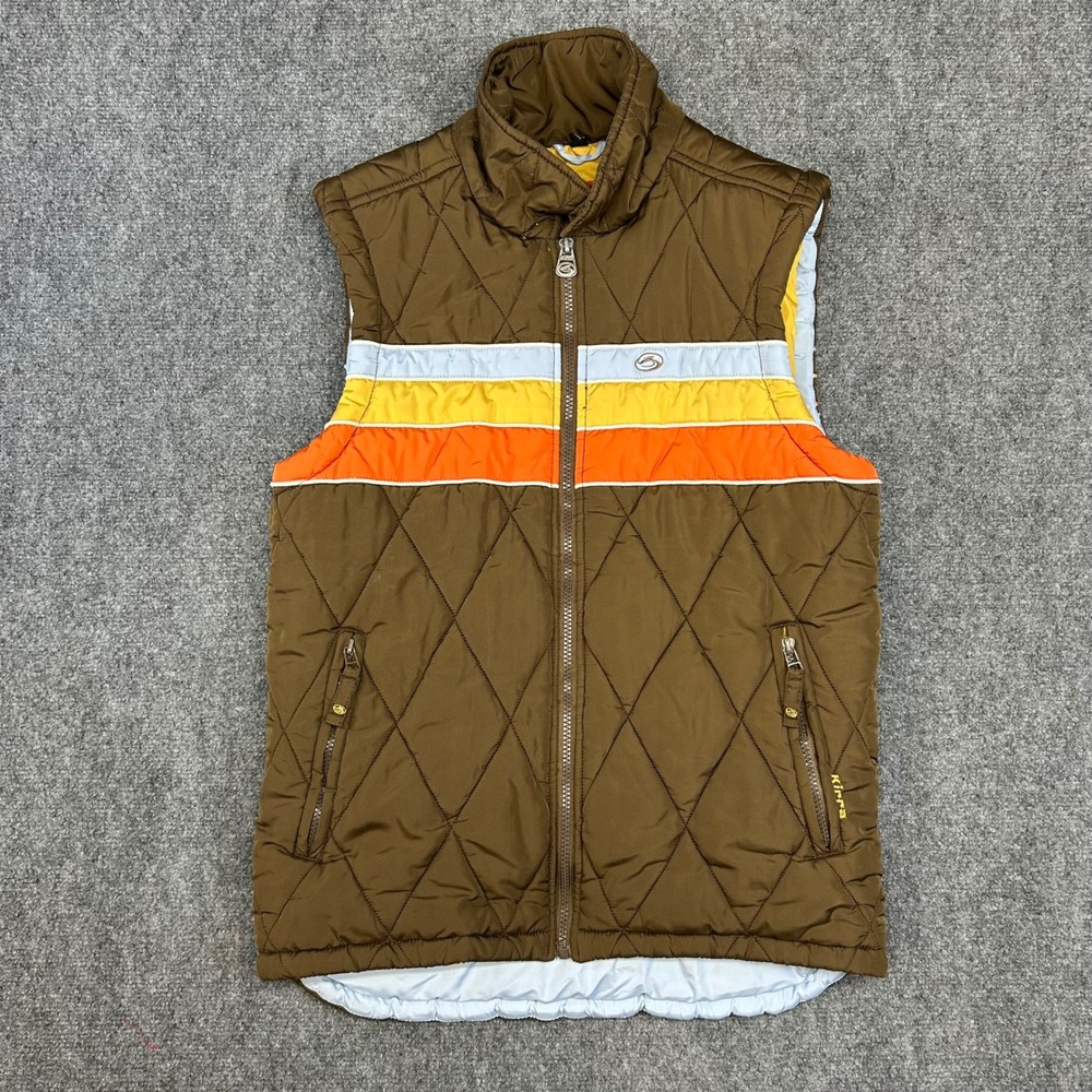 Kirra Mens Brown Quilted Puffer Vest Retro Orange Yellow Blue Stripe Size M VTG